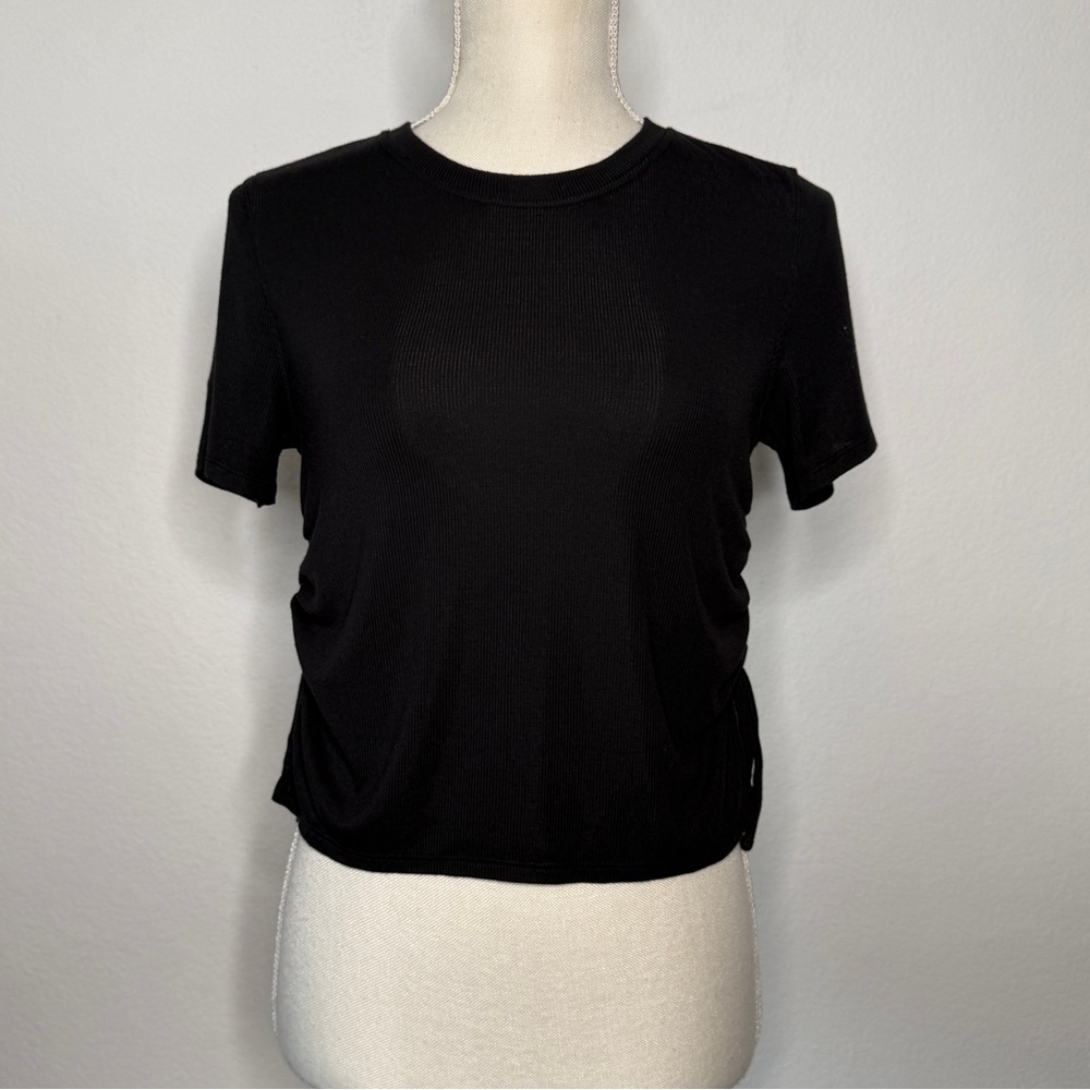Lululemon Ribbed Ruched Side Tie Black Soft Knit Tee Shirt Size 8